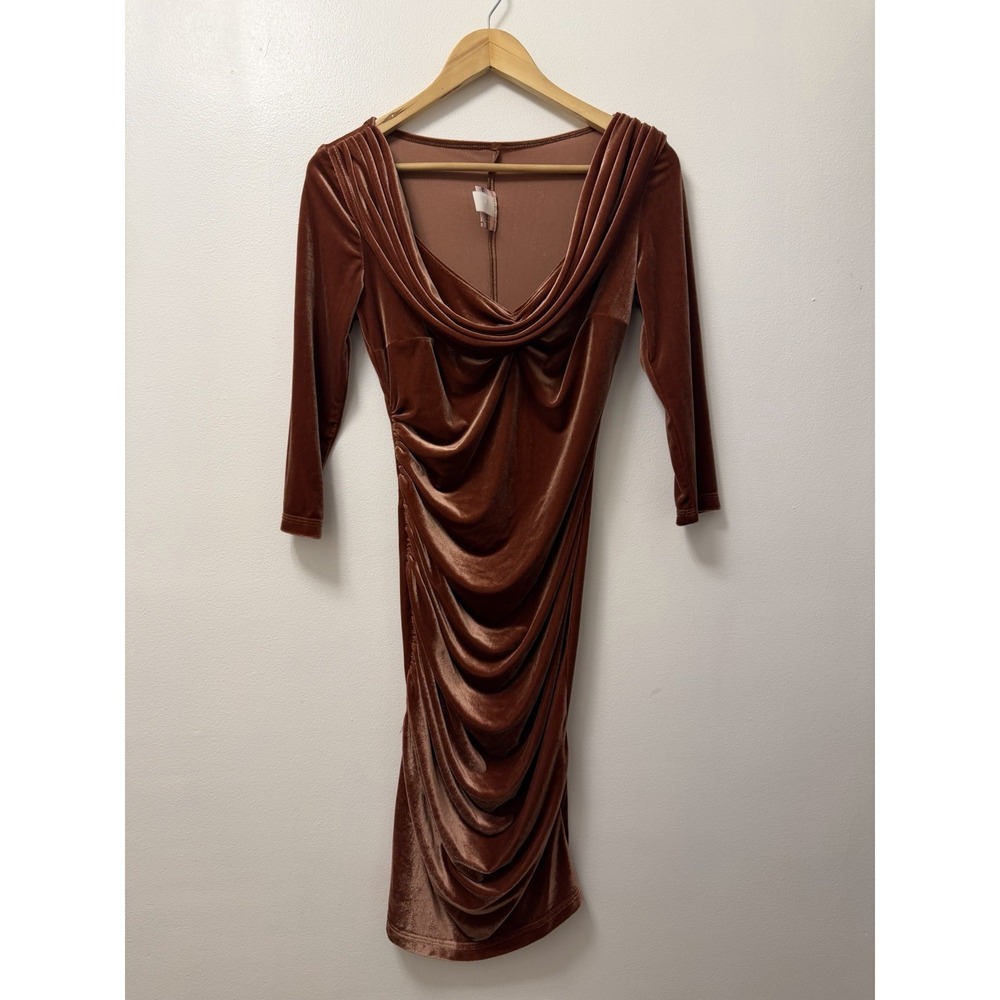 Deadly Dames Velvet Rust Brown Dress Small Cowl Neck Pinup Retro Film Noir